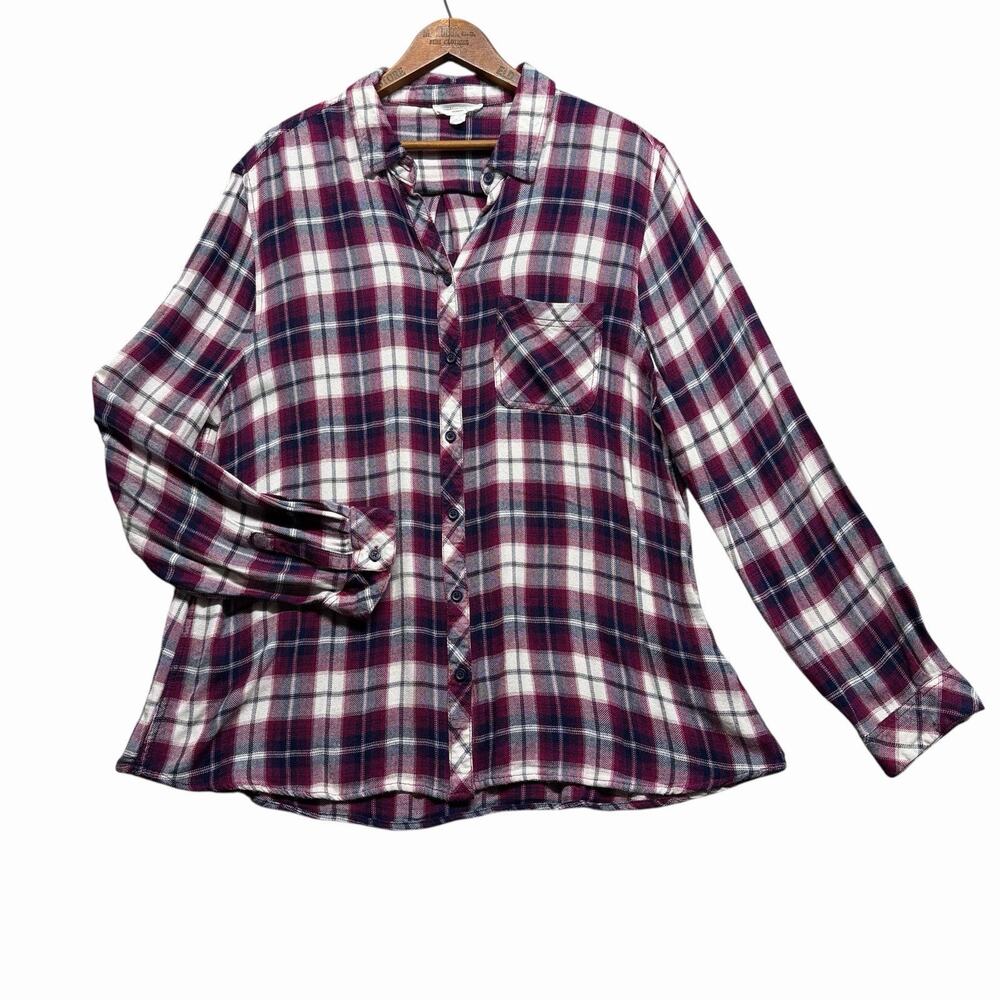 Beach lunch lounge Womens XL Soft Plaid Button Front Rayon Shirt Burgundy Navy